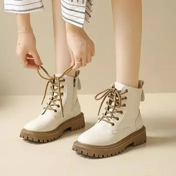 Женские зимние ботинки, новый стиль, толстая подошва, модные британские плюшевые теплые короткие ботинки, на шнуровке, нескользящие, удобные ботильоны 35