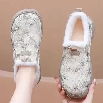 Женские зимние ботинки, осенние, новые, с плюшевой внутренней подкладкой, женские тканевые туфли в стиле ретро, на низком каблуке, вышитые ботинки в национальном стиле 35