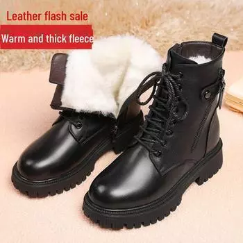 «Женские зимние ботинки с бархатной подкладкой, кожаная толстая подошва, короткие, на плоской подошве» thin cotton; 35 чёрный