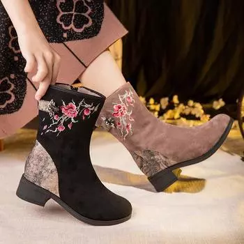 Женские зимние ботинки с боковой молнией, теплые, нескользящие, на низком толстом каблуке, с вышивкой, ботинки для ходьбы с подкладкой из искусственного меха, обувь для женщин 35