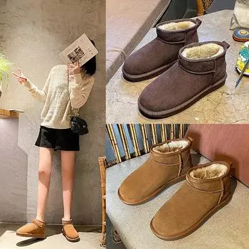 Женские зимние ботинки с флисовой подкладкой, утолщенные, новые женские зимние ботинки из коровьей кожи, на плоском каблуке, теплые, с длинной пушистой хлопковой подошвой 35