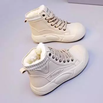 Женские зимние ботинки с круглым носком и буквенным узором, нескользящие ботинки на толстой подошве и платформе, теплые зимние ботинки с флисовой подкладкой 2024 г. 35 грязно-белый