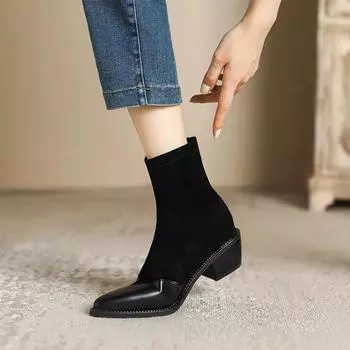 Женские зимние ботинки с квадратным носком, туфли-лодочки на среднем каблуке, дизайнерские массивные кожаные ботинки челси, модная зимняя тенденция 2024 года, готическая женщина, Zapatos 35 чёрный