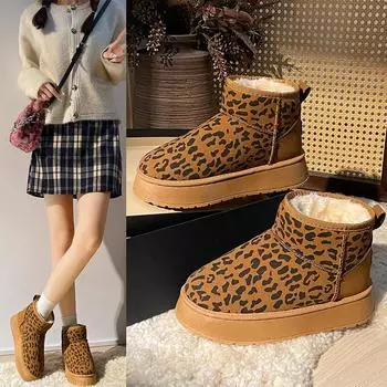 Женские зимние ботинки с леопардовым принтом на толстой подошве, сезонная женская обувь с толстым бархатом, нескользящая и теплая хлопковая обувь 40 коричневый