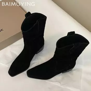 Женские зимние ботинки с острым носком и средней высотой голени на среднем каблуке, дизайнерские ботинки челси, замшевые толстые зимние туфли 2024 года, трендовые готические ботинки для женщин 35 чёрный
