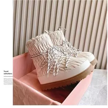 Женские зимние ботинки с плиссировкой и большой головкой, короткие женские ботинки большого размера с нескользящей платформой, зимняя обувь для женщин 35 бежевый