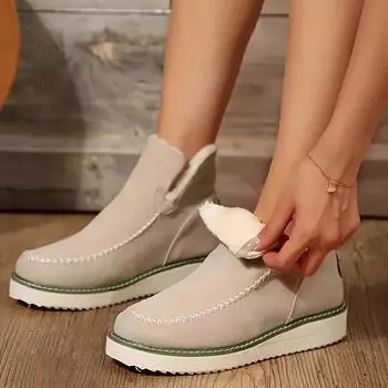 Женские зимние ботинки с плюшевой подкладкой, теплые короткие ботинки с круглым носком, зимние теплые уличные ботинки на толстой подошве 35 бежевый