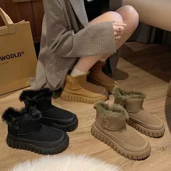 Женские зимние ботинки с подкладкой из искусственного меха, нескользящие, теплые, на толстой платформе, с подкладкой из плюша и флиса, ботильоны, удобные, из искусственной замши, короткие ботинки для женщин 35 хаки