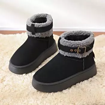 Женские зимние ботинки с толстой подошвой и флисовой подкладкой, теплая хлопковая обувь, интегрированная кожаная верхняя одежда, новый стиль 2025 года, зимние ботинки 36 чёрный