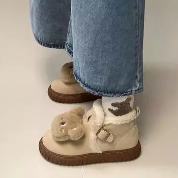 Женские зимние ботинки с толстой подошвой, защищающие от холода, зима 2024 года, новые милые бархатные теплые утолщенные нескользящие высокие хлопковые ботинки с рисунком 35