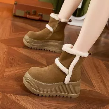 Женские зимние ботинки средней высоты 2024 г.: Толстая подошва, бархатная подкладка, нескользящие, теплые, увеличивающие рост, универсальный дизайн. 36
