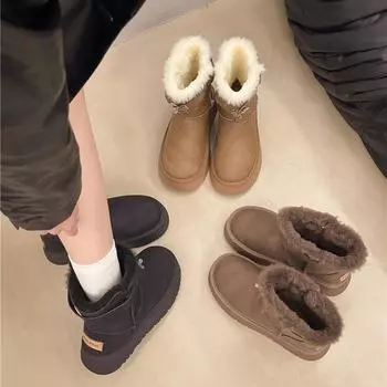 Женские зимние ботинки средней высоты с меховой вставкой на толстой подошве 2024 года, теплые короткие бархатные ботинки из хлопка Northeast Mao Mao 35 чёрный