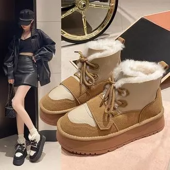 Женские зимние ботинки, теплые хлопковые ботинки из плюша, модные короткие ботинки на шнуровке с толстой подошвой, увеличивающие рост, хлопковые ботинки, защищающие от холода 35