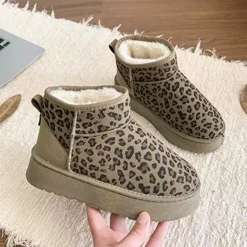 Женские зимние ботинки, теплые, плюшевые, на толстой подошве, 2024, горячая распродажа, новые, на среднем каблуке, водонепроницаемые, с леопардовым принтом, повседневные, удобные ботинки 36 хаки