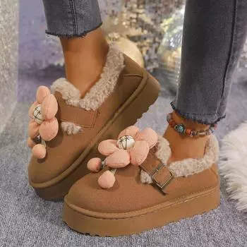 Женские зимние ботинки, теплые, плюшевые, новые, зимние, с круглым носком, 2024, горячая распродажа, повседневные, с небольшим цветочным украшением, на основе бисквитного торта, женские туфли 36 бежевый