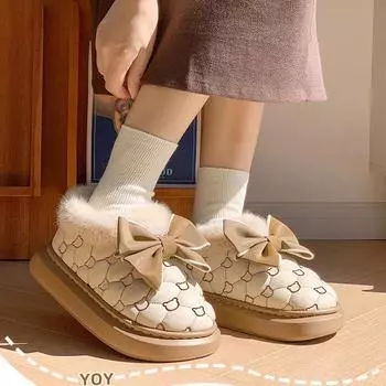 Женские зимние ботинки, теплые толстые ботинки по щиколотку, нескользящие, меховые, с бантом, хлопковые, удобные, плюшевые ботинки 36-37 коричневый