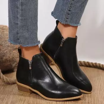 Женские зимние ботинки в стиле ретро на танкетке с каблуками Ботильоны из флока Короткие ботильоны Женские модные резиновые сапоги с острым носком на молнии 36 чёрный