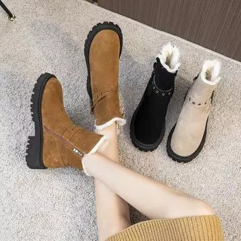 Женские зимние ботинки, замшевые новые кожаные ботинки большого размера, толстые теплые женские зимние ботинки, повседневные женские ботильоны 35