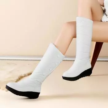 Женские зимние ботинки, зимние хлопчатобумажные туфли, теплые и удобные, длинный плюш, однотонные, женская обувь большого размера, туфли на толстой подошве, длинные ботинки-трубы. 35 белый