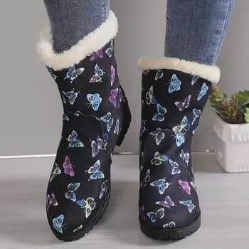 Женские зимние ботинки, зимняя теплая обувь, туфли на платформе с круглым носком, женские ботильоны с принтом бабочек, размер 36-43 36 чёрный