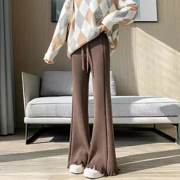 Женские зимние брюки 2023, повседневные корейские модные универсальные брюки с высокой талией, закрывающие мясо, широкие брюки с однотонной талией, женские топы One Size чёрный