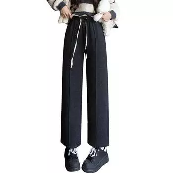 Женские зимние брюки, эластичные, с завязками на талии, прямые, широкие, длинные брюки с карманами, утолщенная бархатная подкладка, теплые брюки 2XL чёрный