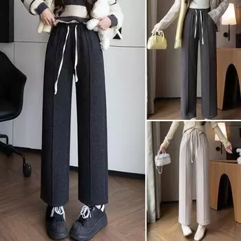Женские зимние брюки, эластичные, с завязками на талии, прямые, широкие, длинные брюки с карманами, утолщенная бархатная подкладка, теплые брюки L чёрный