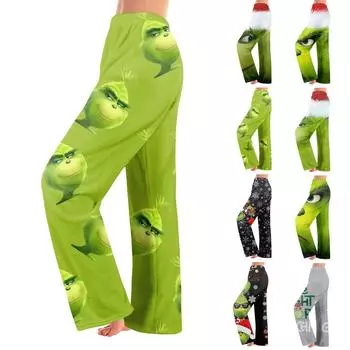 Женские зимние брюки, длинные брюки, рождественские принтованные брюки XS зелёный