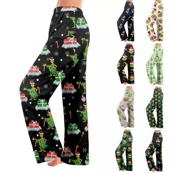 Женские зимние брюки, длинные брюки, рождественские принтованные брюки M зелёный