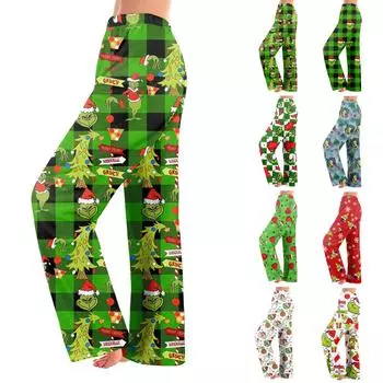 Женские зимние брюки, длинные брюки, рождественские принтованные брюки M зелёный