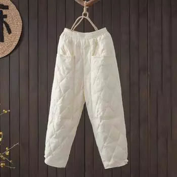 Женские зимние брюки с эластичной резинкой на талии и подкладкой, толстые однотонные свободные мягкие теплые карманы с ромбовидной текстурой, повседневные брюки до щиколотки в стиле ретро, женские осенние брюки 2XL кофейный