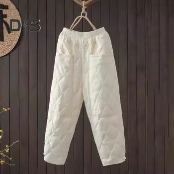 Женские зимние брюки с эластичной резинкой на талии и подкладкой, толстые однотонные свободные мягкие теплые карманы с ромбовидной текстурой, повседневные брюки до щиколотки в стиле ретро, женские осенние брюки 2XL бежевый