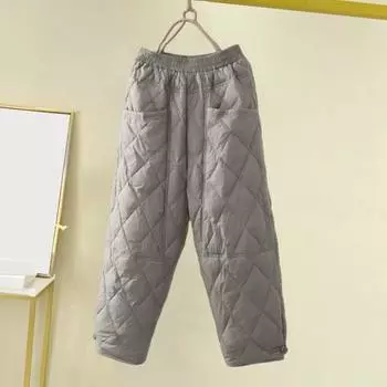 Женские зимние брюки с эластичной резинкой на талии и подкладкой, толстые однотонные свободные мягкие теплые карманы с ромбовидной текстурой, повседневные брюки до щиколотки в стиле ретро, женские осенние брюки L чёрный