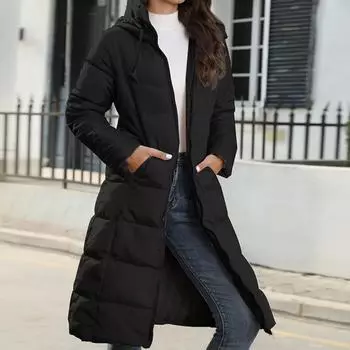 Женские зимние длинные пальто больших размеров, теплая пуховая хлопковая куртка, парка с капюшоном S чёрный