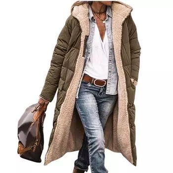 Женские зимние длинные пальто из овчины и флиса 2024 года, куртки с капюшоном из хлопка - двусторонняя утолщенная теплая верхняя одежда из флиса S зелёный