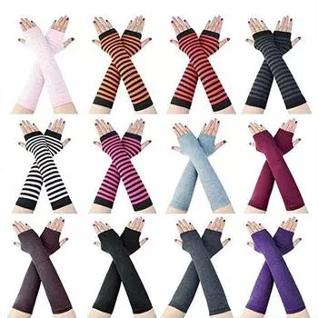 Женские зимние длинные перчатки без пальцев, вязаные теплые перчатки с отверстием для большого пальца 02