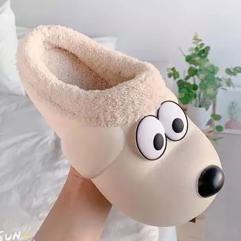 Женские зимние домашние меховые тапочки, теплые хлопковые, милые, с изображением мультяшной собаки, для дома, для пар, нескользящие тапочки на толстой подошве 35-36 чёрный
