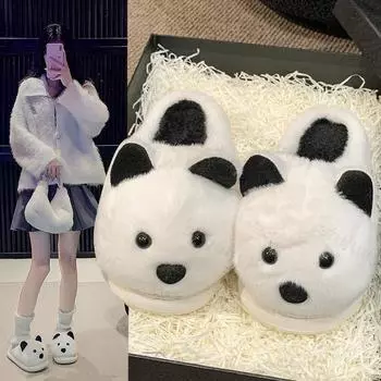 Женские зимние домашние тапочки с рисунком милой собаки, утолщенные плюшевые теплые хлопковые туфли, женские нескользящие теплые пушистые тапочки, домашние тапочки 36-37 чёрный