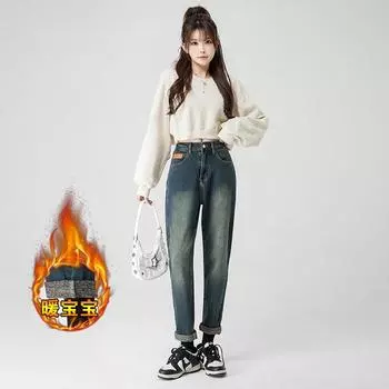 Женские зимние джинсы больших размеров из плотного флиса с высокой талией, свободные и стройнящие S