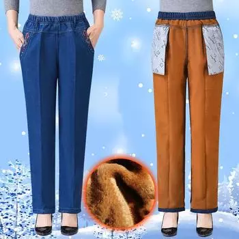 Женские зимние джинсы больших размеров, повседневные брюки с эластичной резинкой на талии, теплые брюки, зимние джинсы 5XL