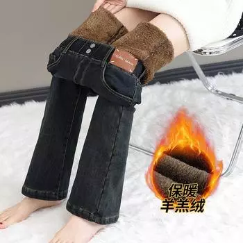 Женские зимние джинсы из овчины с высокой талией и бархатным утолщением S