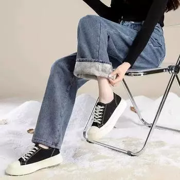 Женские зимние джинсы Plus Velvet High Waist Wide Leg, свободные и обтягивающие, закрывающие бедра, повседневные прямые джинсы S