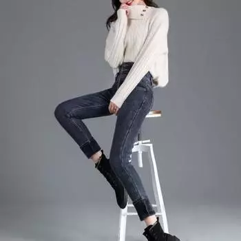 Женские зимние джинсы с высокой талией на подкладке из искусственного меха, облегающие брюки с застежкой на пуговицы, мягкие, теплые, толстые, однотонные, с карманами, брюки-карандаш, женские осенние брюки 2XL синий