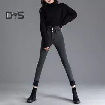 Женские зимние джинсы с высокой талией на подкладке из искусственного меха, облегающие брюки с застежкой на пуговицы, мягкие, теплые, толстые, однотонные, с карманами, брюки-карандаш, женские осенние брюки 2XL синий