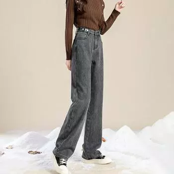 Женские зимние джинсы с высокой талией, застежкой-молнией, на толстой бархатной подкладке, свободного кроя S светло-синий