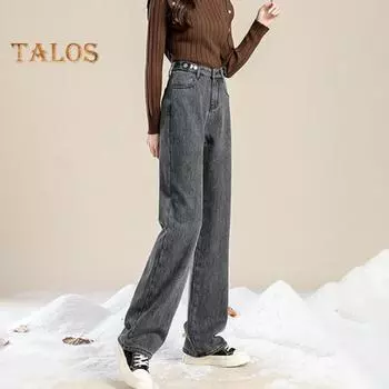 Женские зимние джинсы с высокой талией, застежкой-молнией, подкладкой из толстого бархата, свободным кроем, карманами, прямыми широкими штанинами, повседневными длинными брюками S чёрный