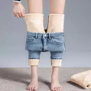 Женские зимние джинсы Slim Fit с высокой талией и бархатной подкладкой (2021) 31 серый