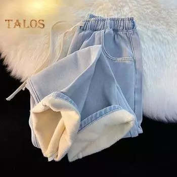 Женские зимние джинсы средней посадки с эластичной талией, регулируемые спортивные брюки на шнурке с карманами, однотонные теплые брюки с утолщенной плюшевой подкладкой L чёрный