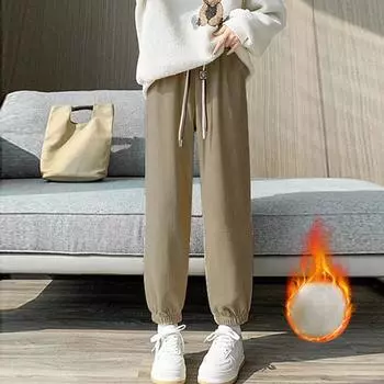 Женские зимние флисовые повседневные брюки с высокой талией, теплые однотонные бархатные удобные эластичные вельветовые брюки S чёрный