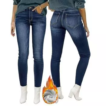 Женские зимние флисовые утепленные джинсы с высокой талией, узкие брюки-карандаш, женские повседневные брюки с карманами S синий